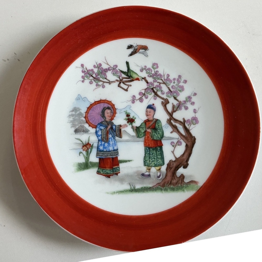 Vintage JP Anchor Mark Porcelain Chinoiserie Decorative Plates Red Rim Set of 2